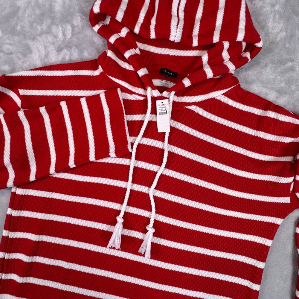 Talbots Cotton Knit Hoodie Sweater Womens L Red White Striped Tassel Drawstring